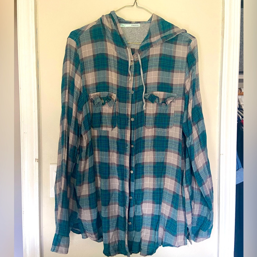 Grey and turquoise flannel button up with hood